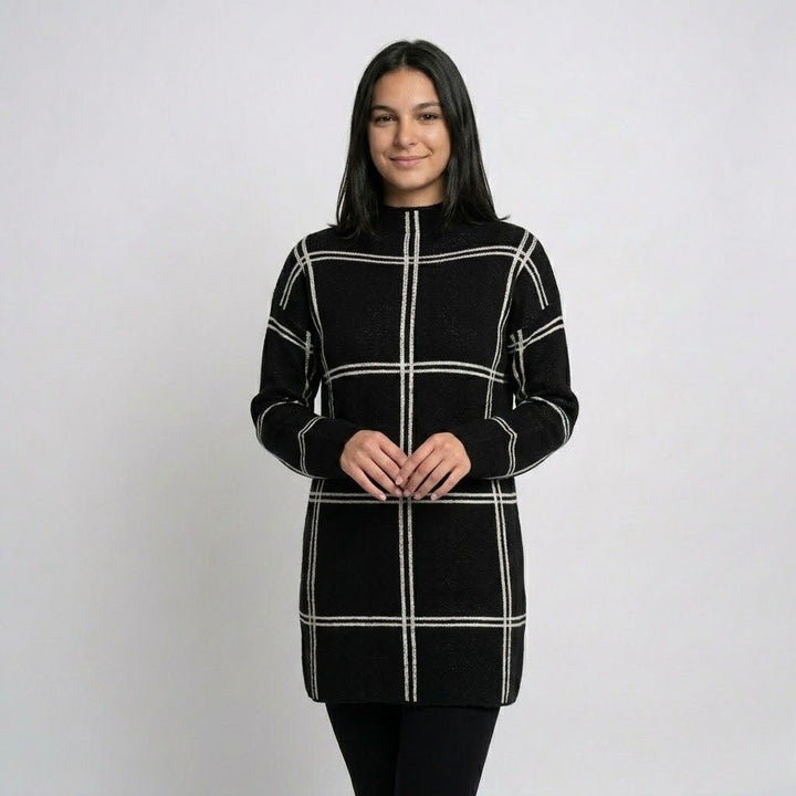 Urban-Style Long Knitted Sweater in Geometric Pattern - Acrylic and Polyester Blend