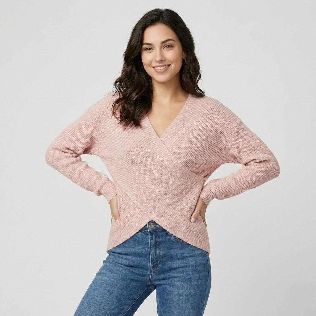 V-Neck Crossed Ribbed Sweater