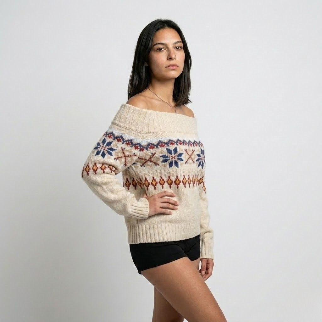 Off-the-Shoulder Nordic Pattern Sweater in Acrylic-Polyester Blend