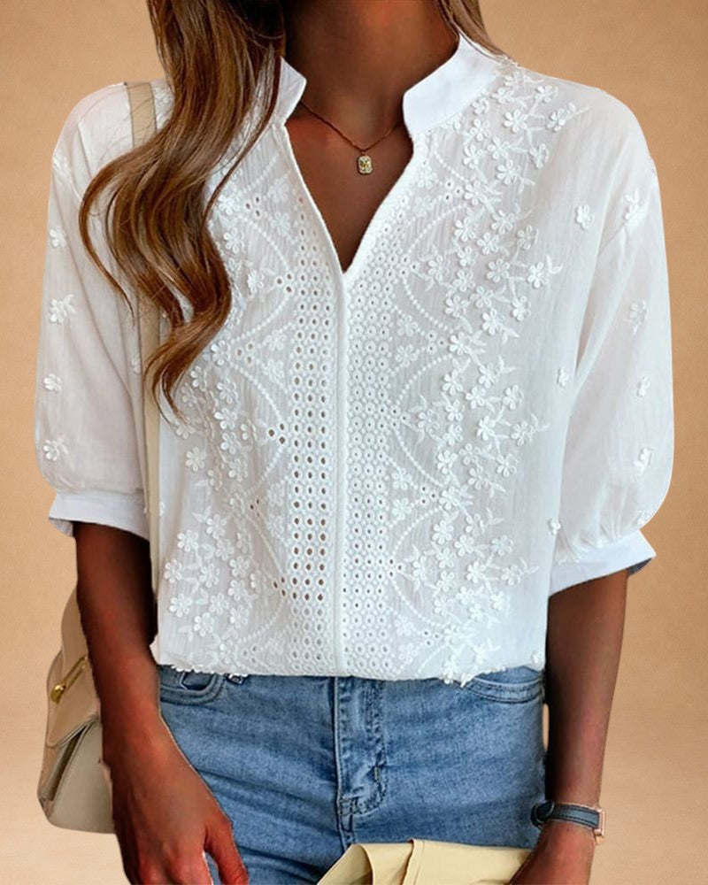 Cambria – Women's Blouse with Cut-Out Neckline and Embroidery