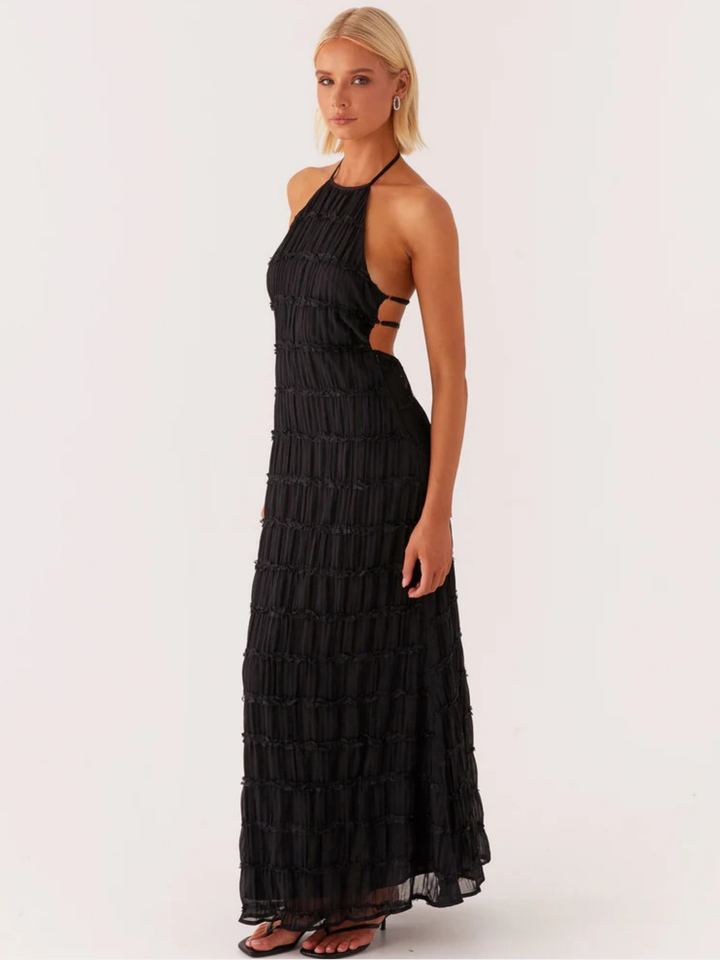 Black Pleated Maxi Dress with Adjustable Straps
