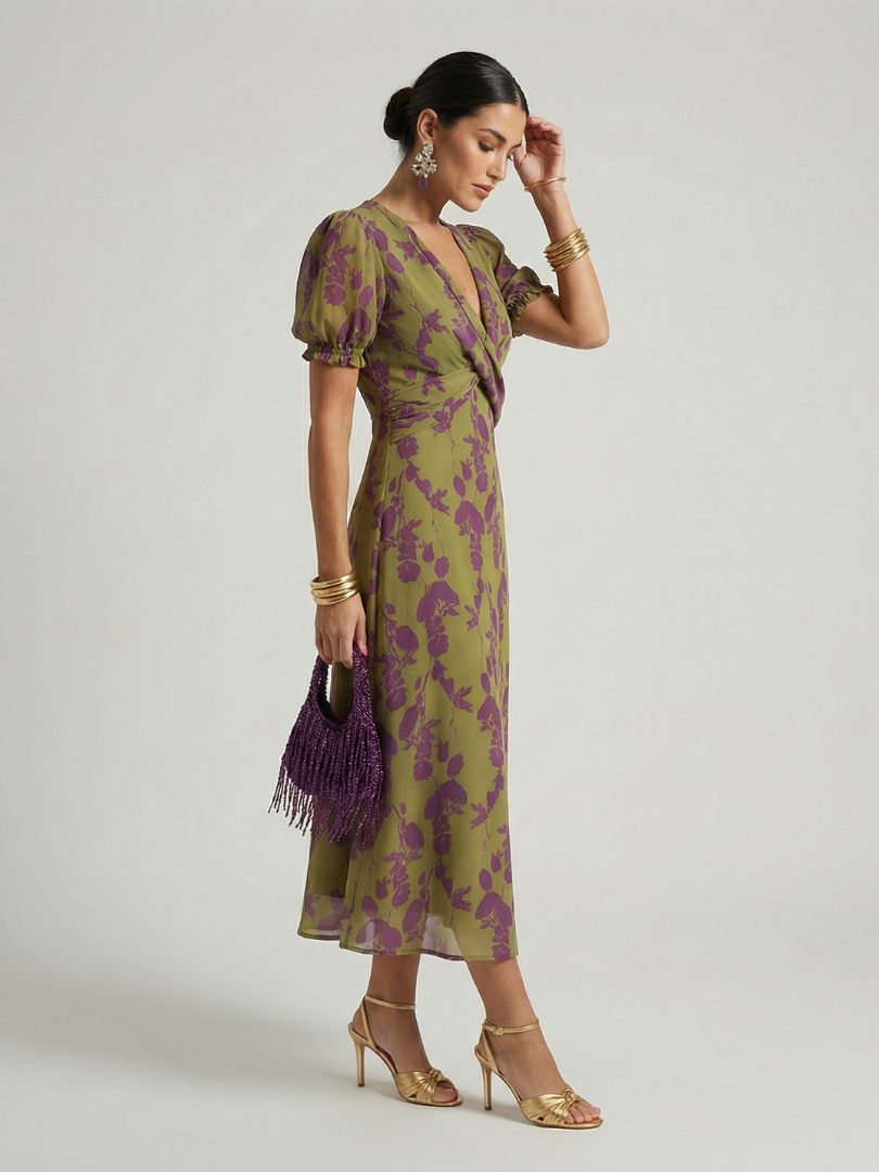 Nerina | Wrap Neckline Floral Midi Dress