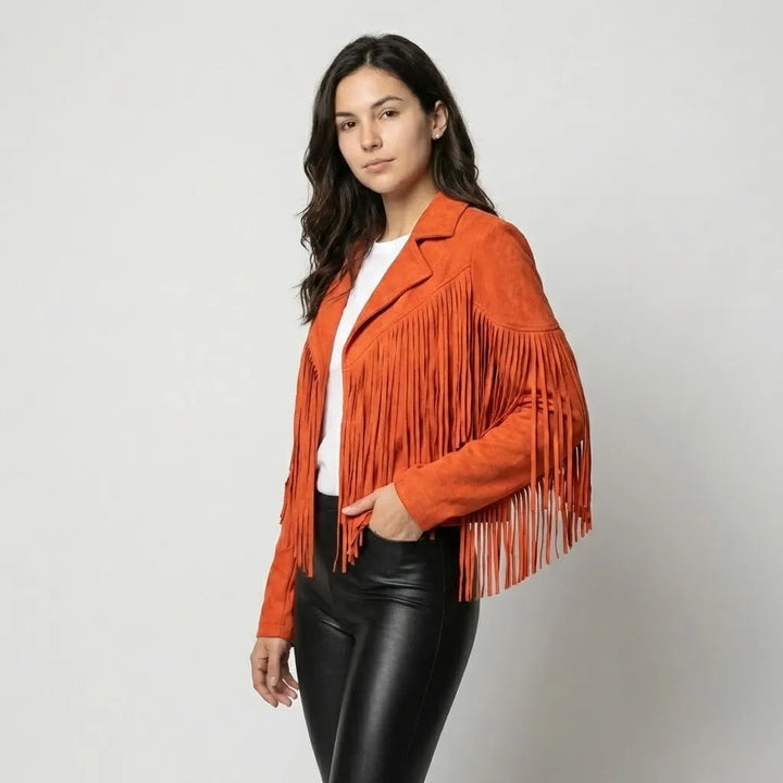 Boho-Inspired Short Jacket with Suede Finish and Fringe Details