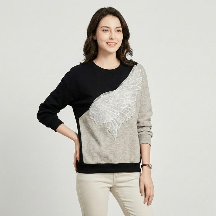 Artistic Two-Tone Knitted Sweater with Lace Accents