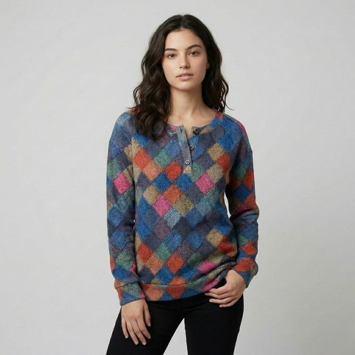 Geometric Pattern Knitted Sweater with Button Closure