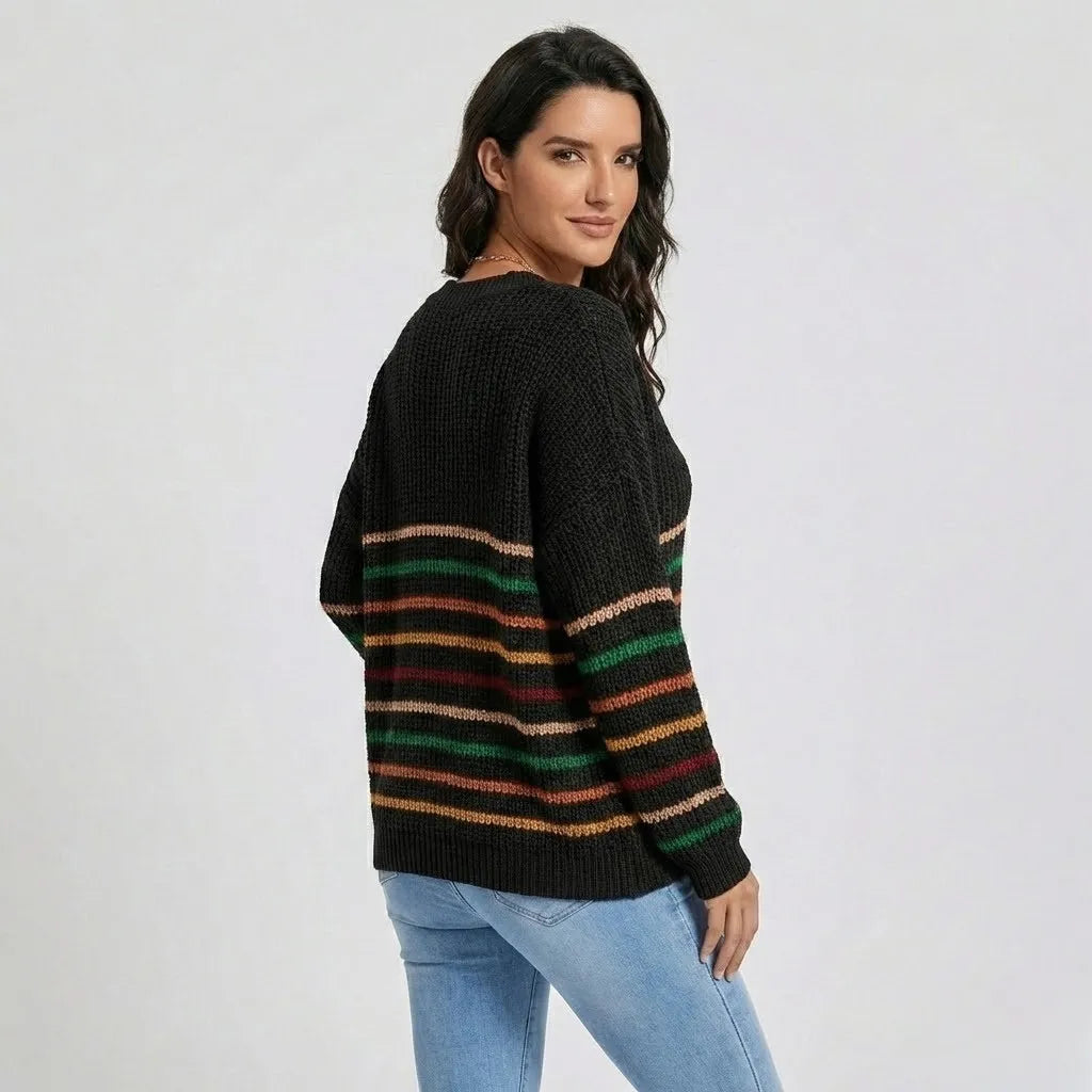 Casual Elegant Loose-Fit Knitted Sweater with Subtle Stripes