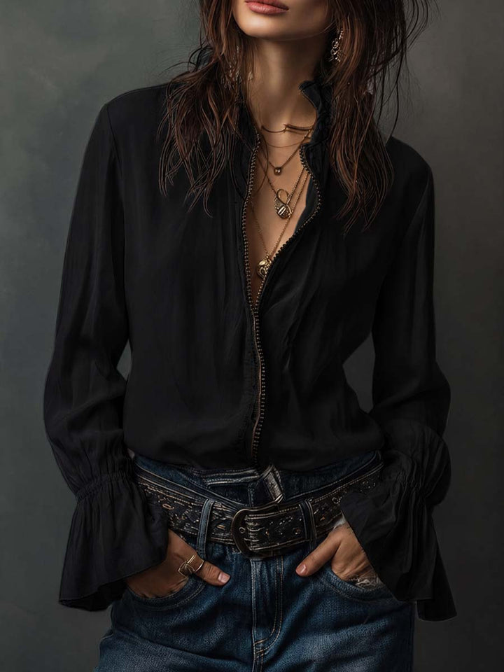 White Puff Sleeve Blouse with Zip Detail