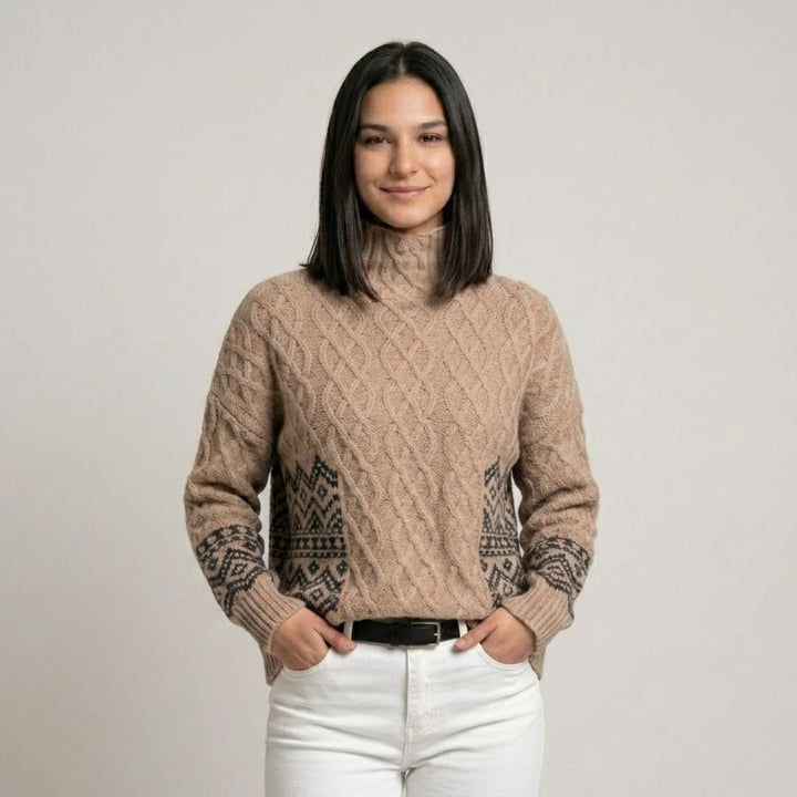 Textured Roll Neck Sweater Crafted from Acrylic and Wool Blend