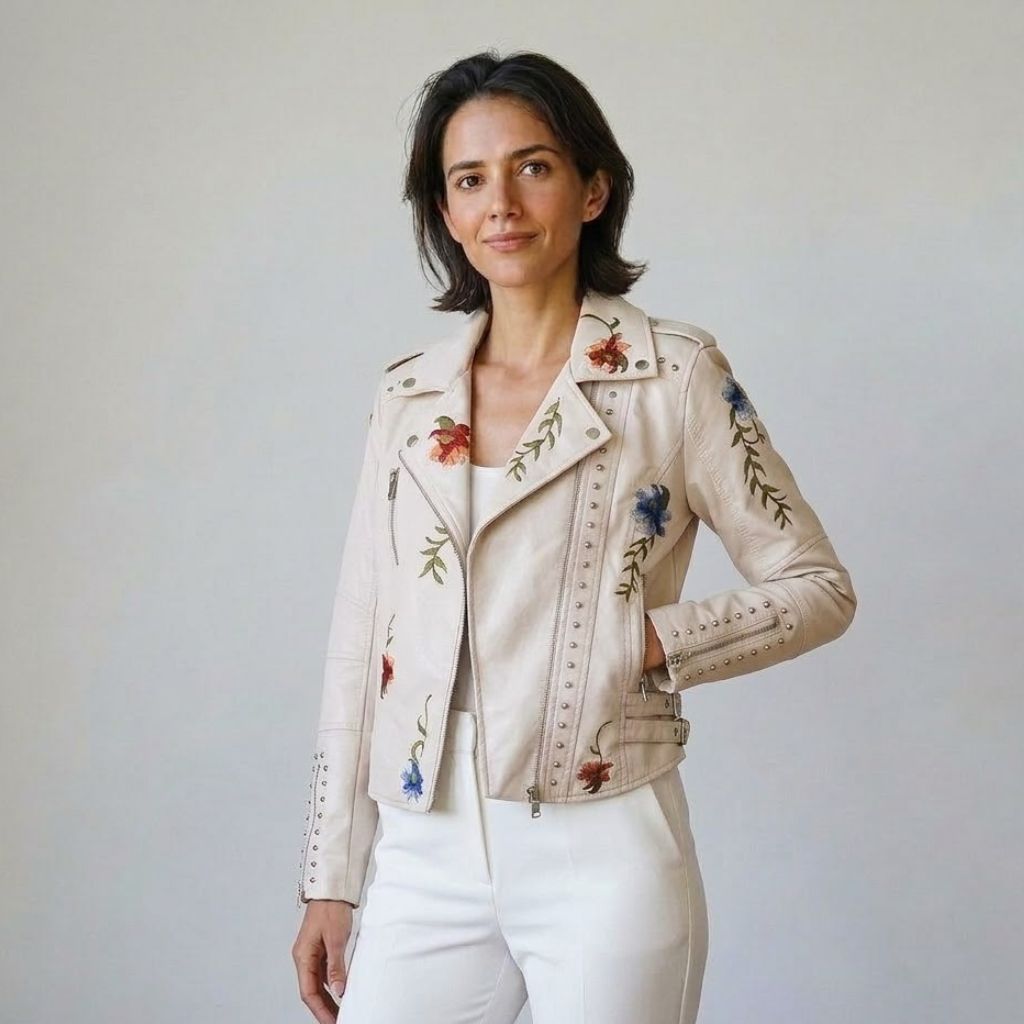 Floral Embroidered Short Biker Jacket in Polyurethane and Polyester