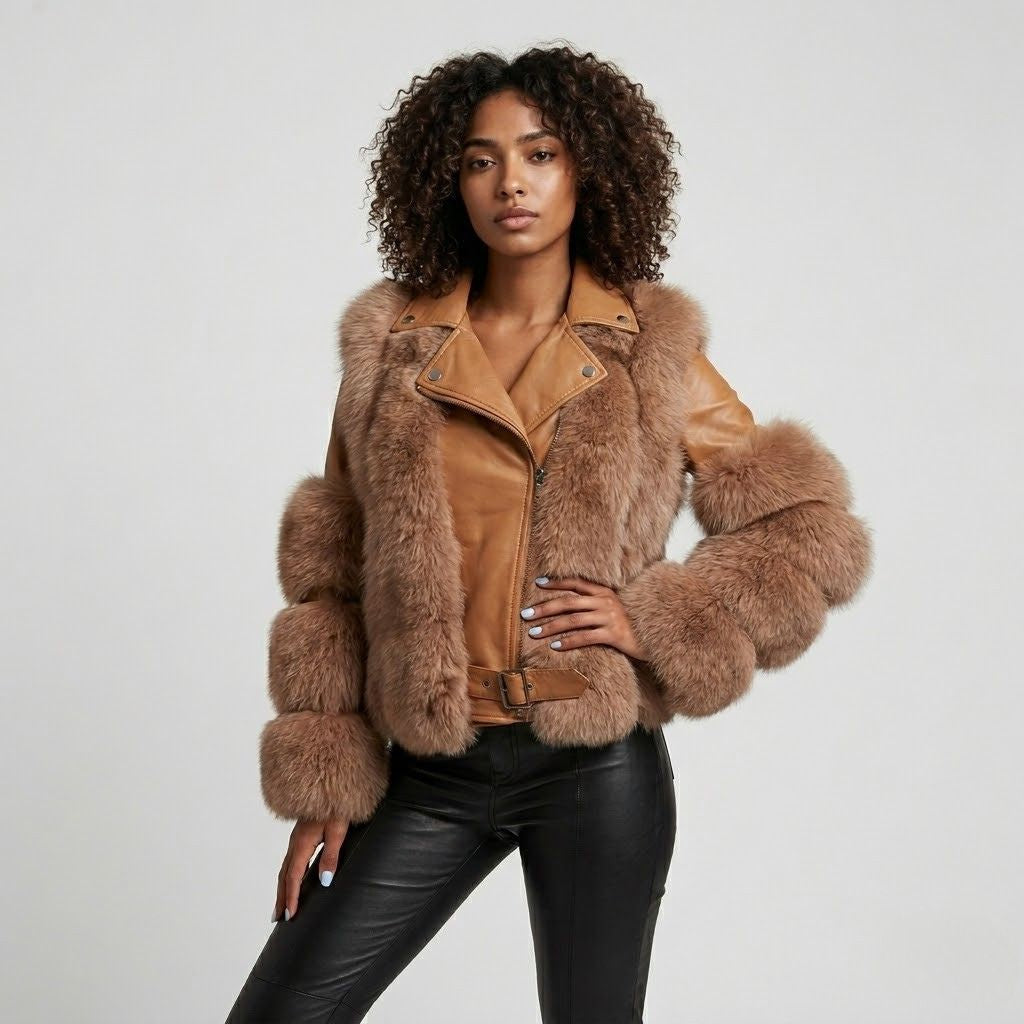 Tailored Biker Jacket Crafted from a Polyester-Acrylic Blend with a Bold Wide Collar