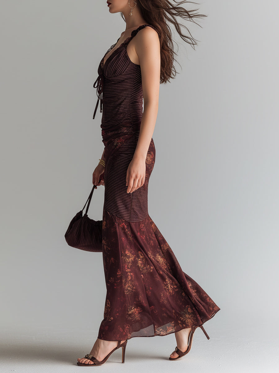 Vintage-Inspired Floral Maxi Dress with Striped Accents