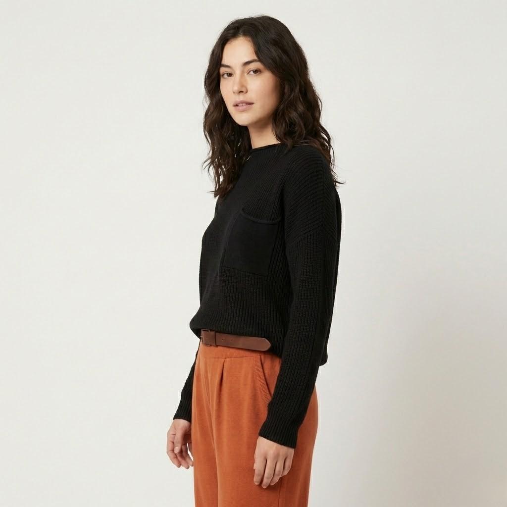 Relaxed-Fit Structured Knit Cotton Sweater with Front Pocket