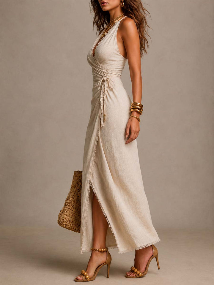Natural Linen Midi Dress with Elegant Stitching and Lace Details