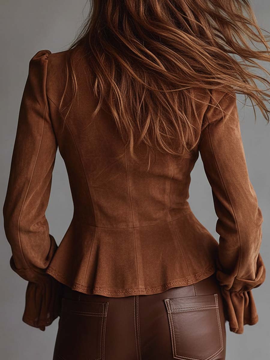 Retro Eco-Conscious Suede Blouse Featuring Lace Details