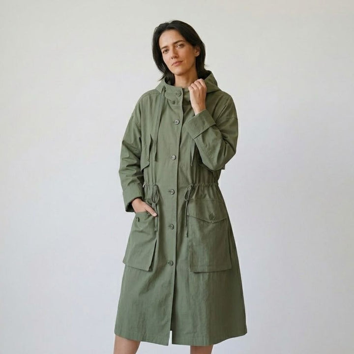 Adjustable Hood Long Parka in Cotton-Polyester Blend with Utility Pockets