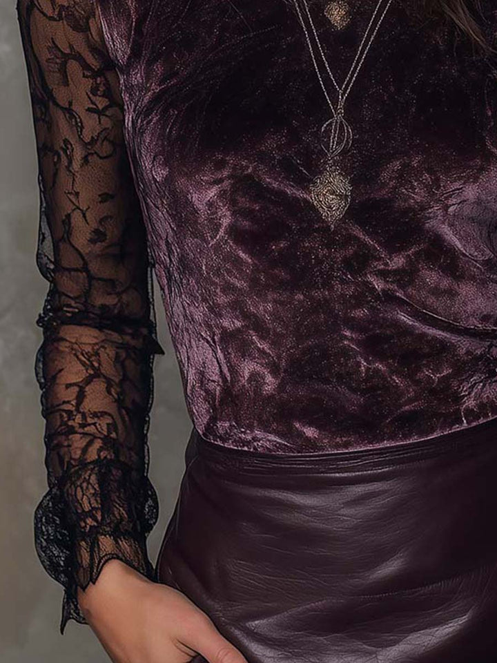 Sheer-Sleeved Gothic Velvet and Lace Blouse