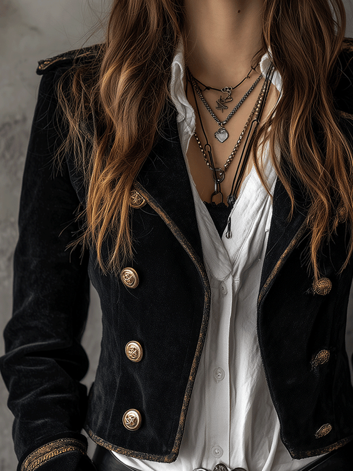 Vintage-Inspired Black Velvet Military Blazer with Gold Accents