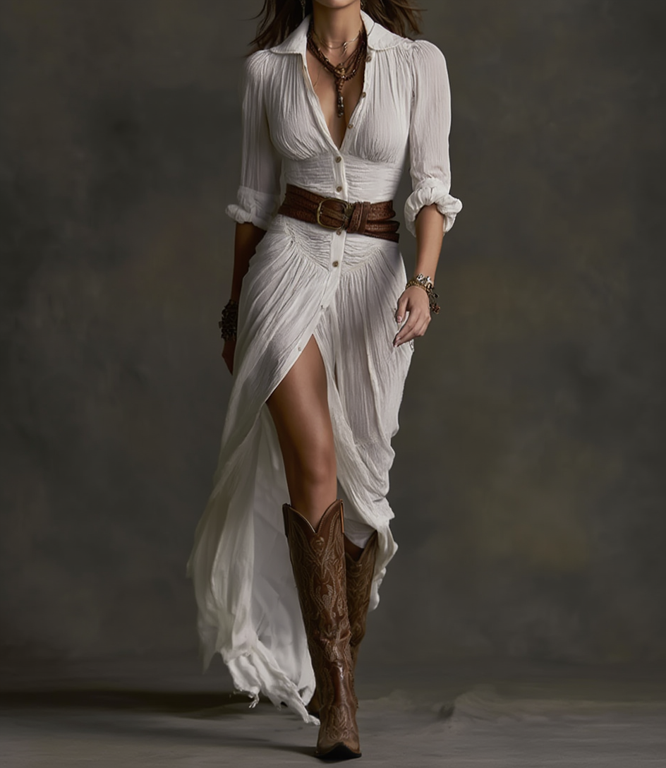 Felícia | Maxi Dress with Pleated Design and Reversed Lapel Collar