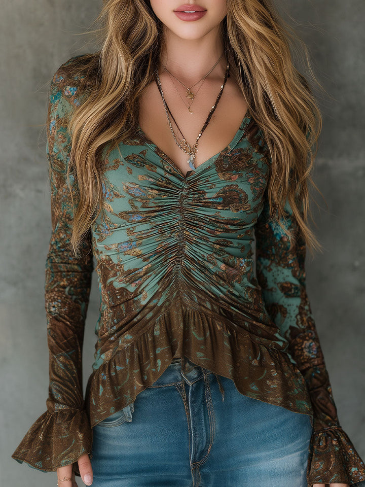 Bohemian Saz Blouse Featuring Copper Floral Accents and Ruffled Hem