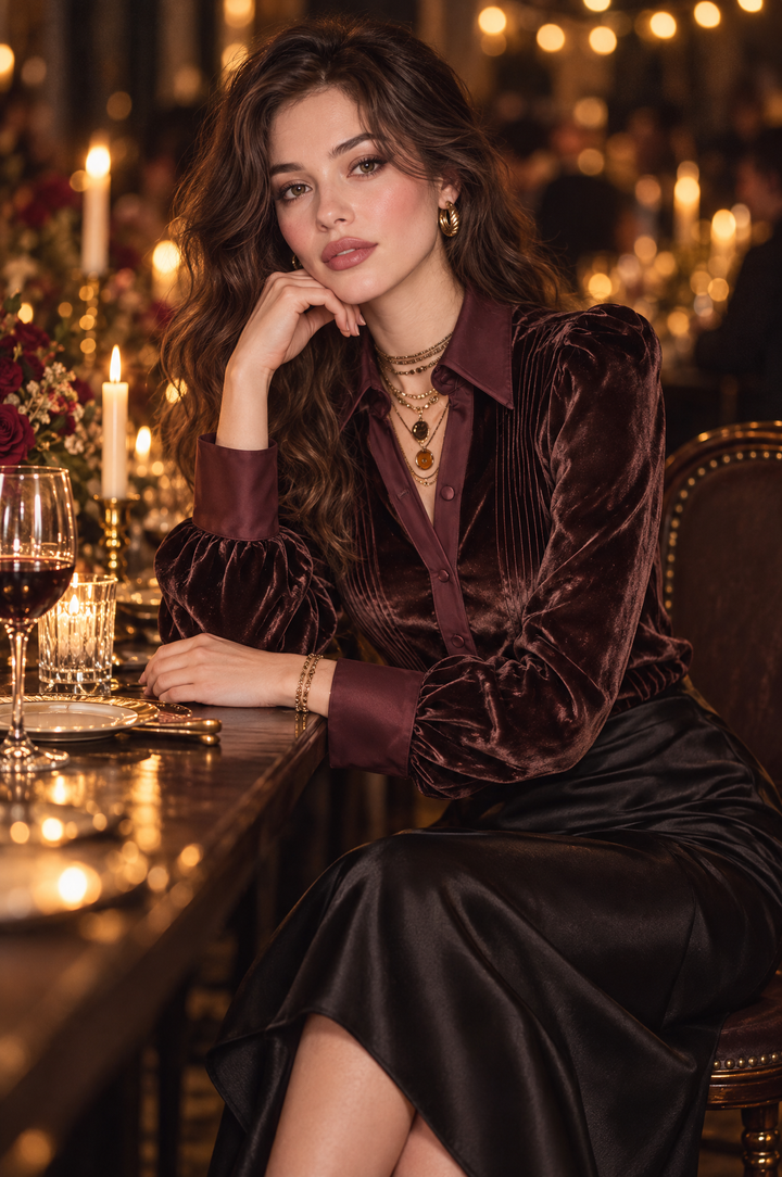 Chic Long-Sleeve Velvet Blouse with Pintuck Accents