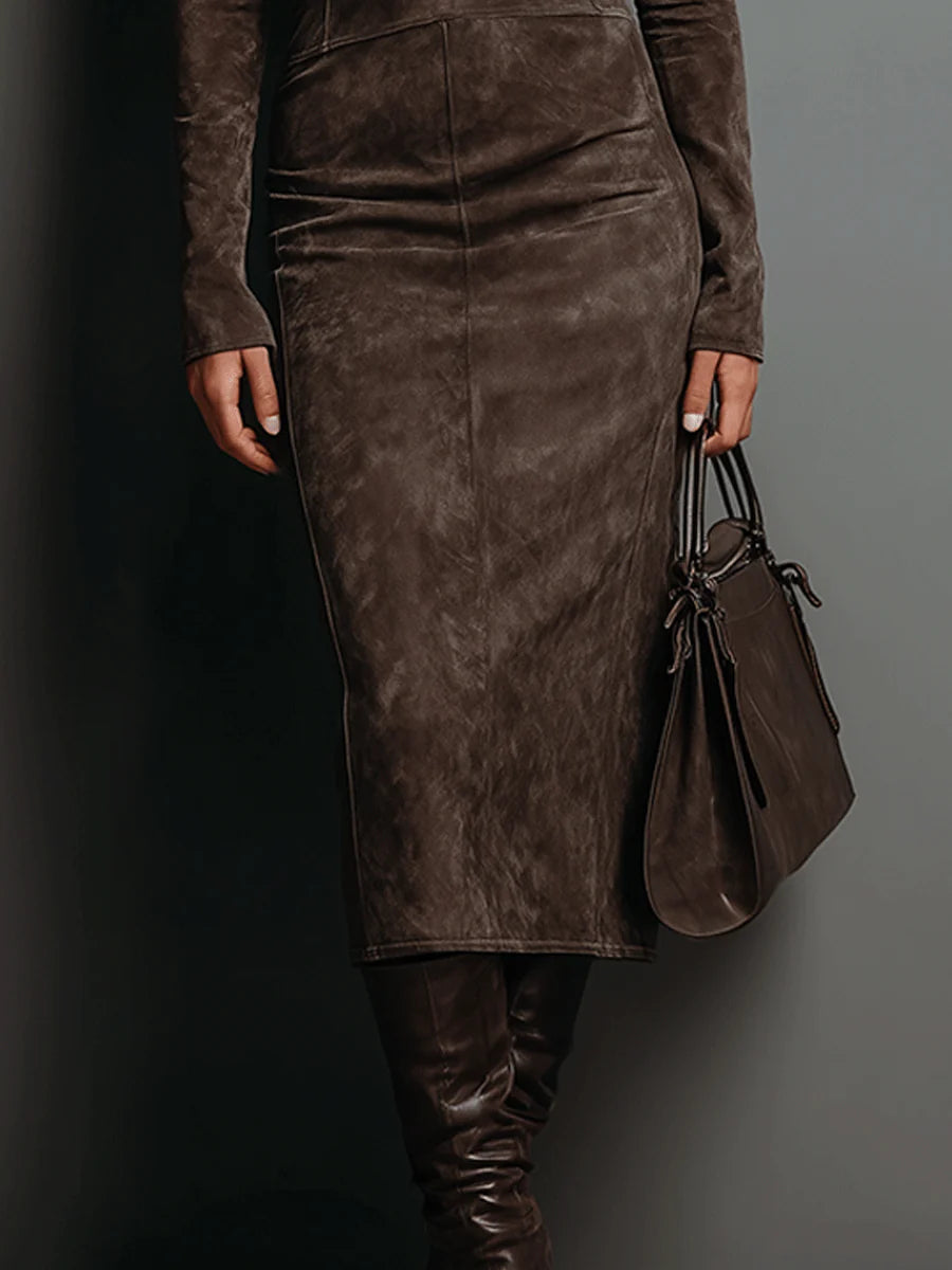 Augusta | Brown Midi Dress Featuring Stand Collar and Long Sleeves