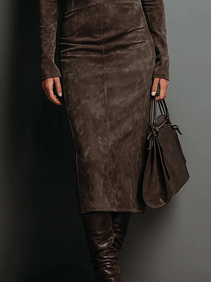 Augusta | Brown Midi Dress Featuring Stand Collar and Long Sleeves