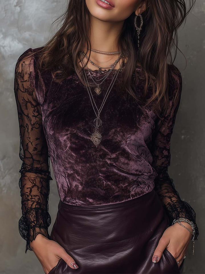 Sheer-Sleeved Gothic Velvet and Lace Blouse