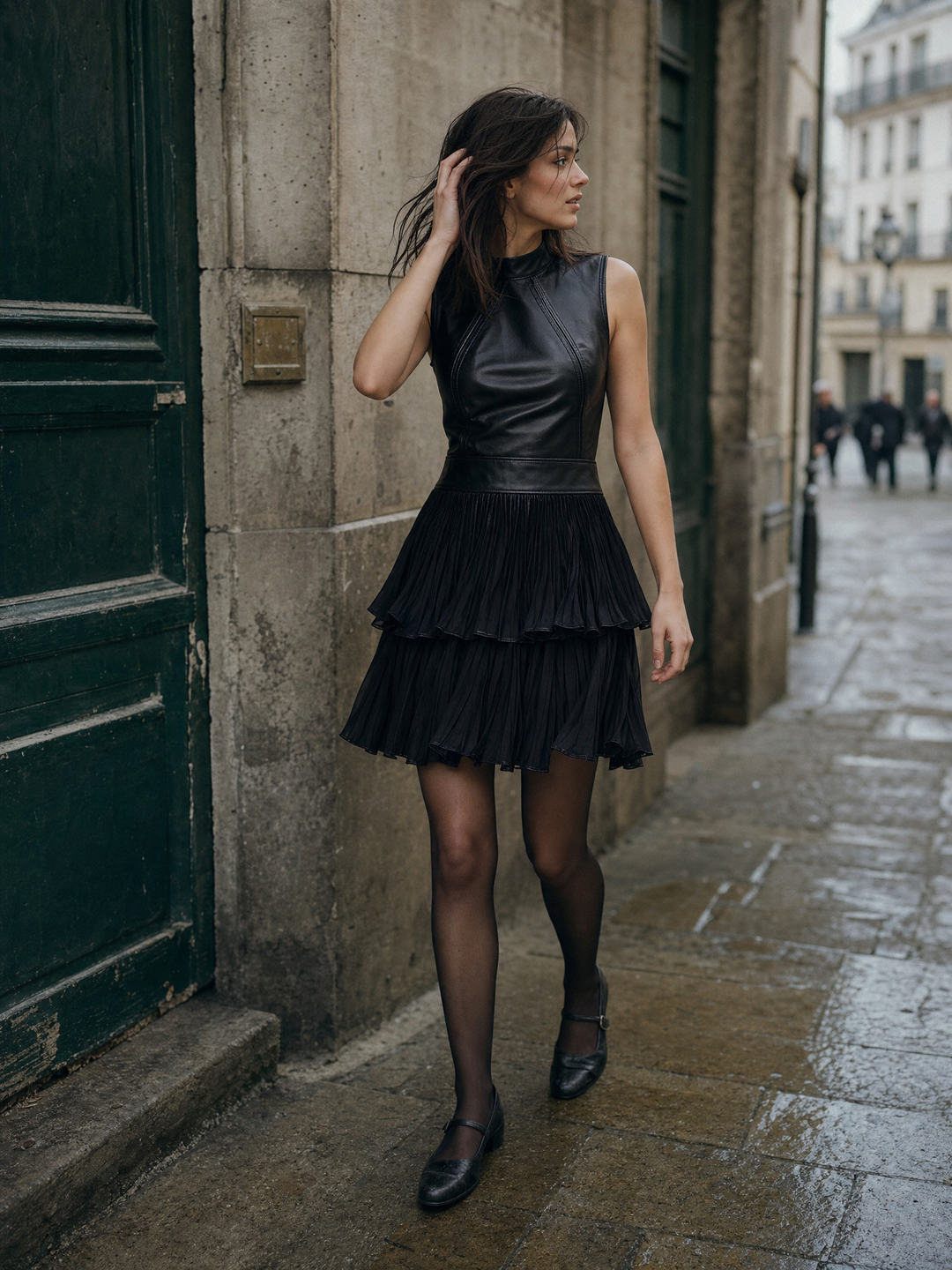 Chic Mini Dress in Luxe Black Eco-Leather with Pleated Satin Accents