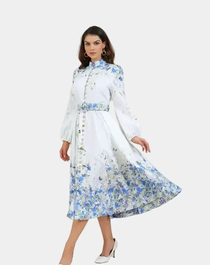 Amelia – Classic Floral Blue High Neck Elegance