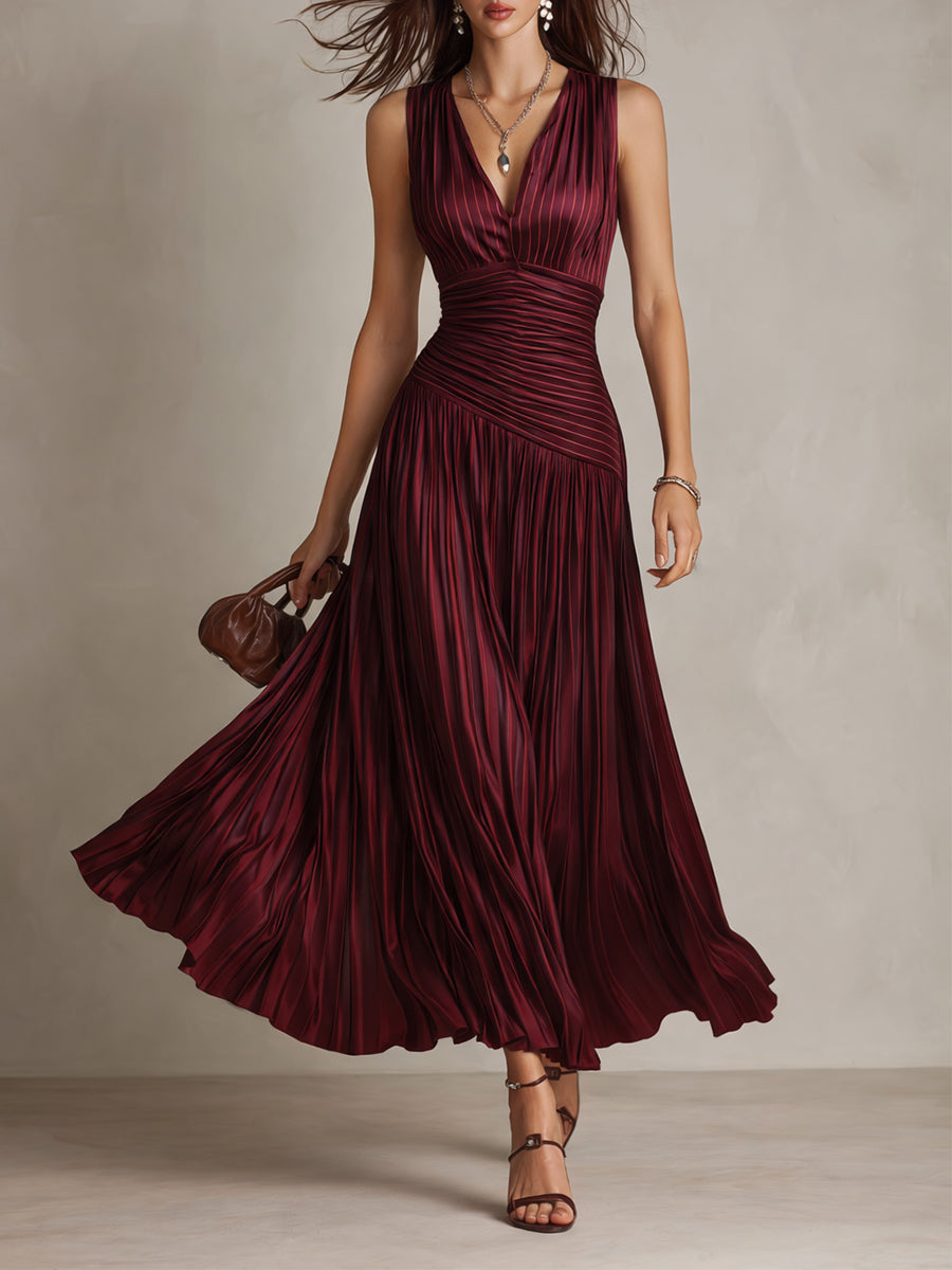 Retro Satin Striped Pleated Maxi Dress