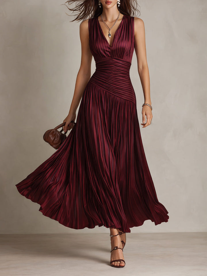 Retro Satin Striped Pleated Maxi Dress