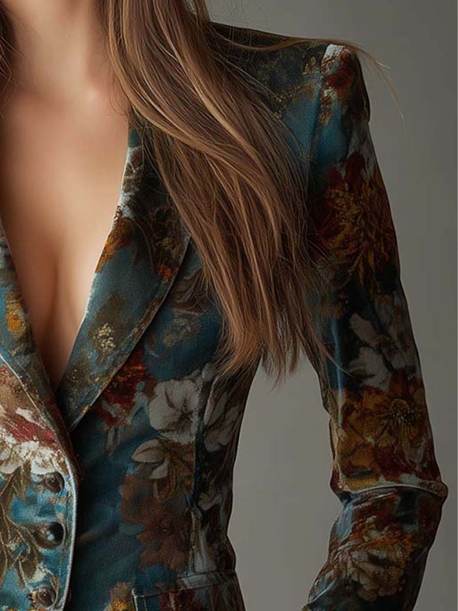 Vintage εφαρμοστό σακάκι από πετρόλ βελούδο με φλοράλ σχέδιο