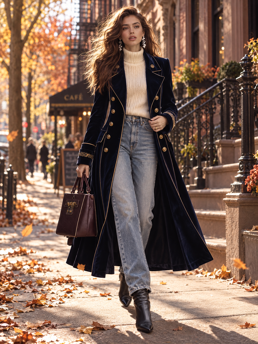 Navy Long Coat with Velvet Sleeves and Double Embroidery, Featuring Elegant Gold Accents