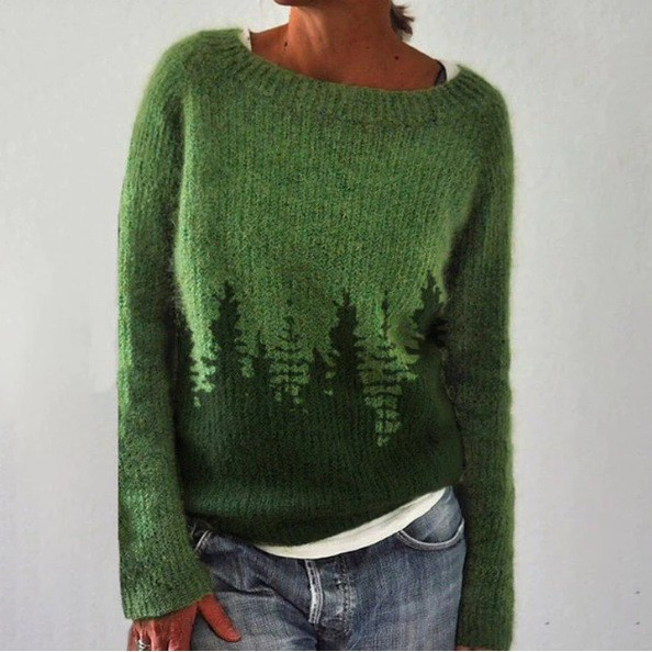 Forest Silhouette Hem Green Knitted Sweater