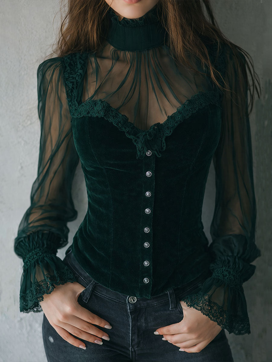 Velvet and Lace Black Gothic Top with Sheer Sleeves