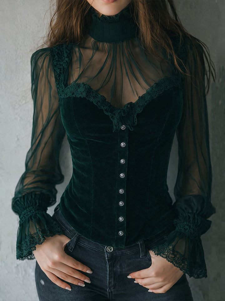 Velvet and Lace Black Gothic Top with Sheer Sleeves