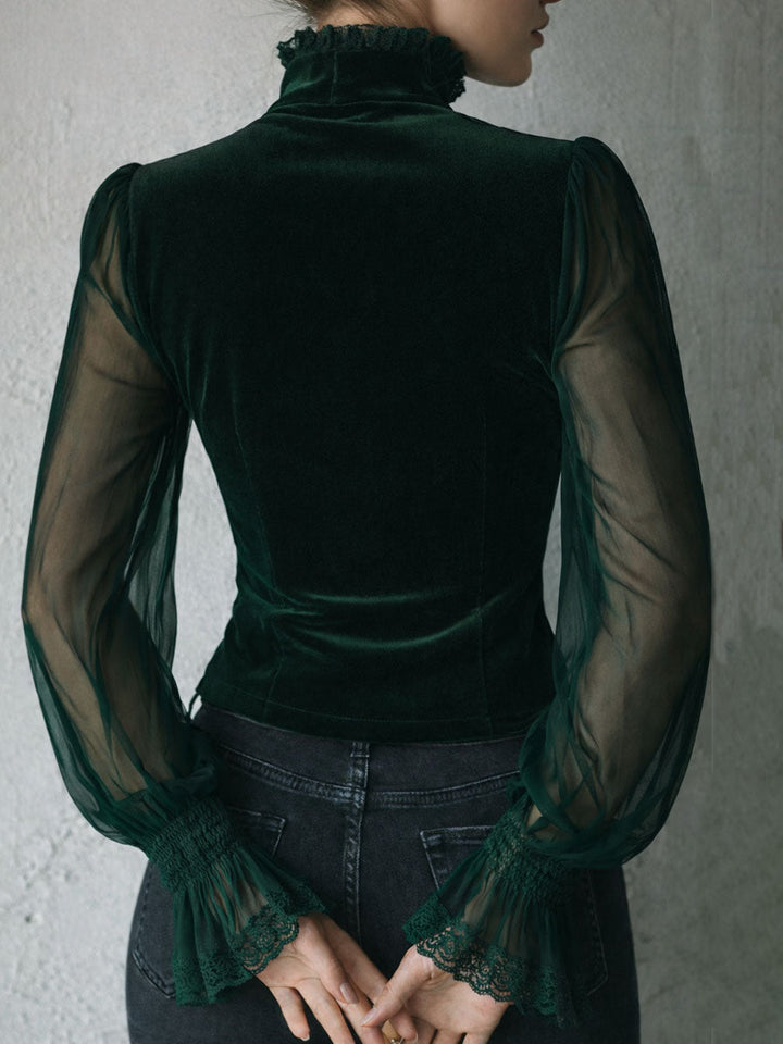 Velvet and Lace Black Gothic Top with Sheer Sleeves