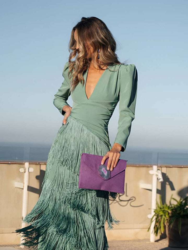 Frida | Mini dress with tassels in sage green