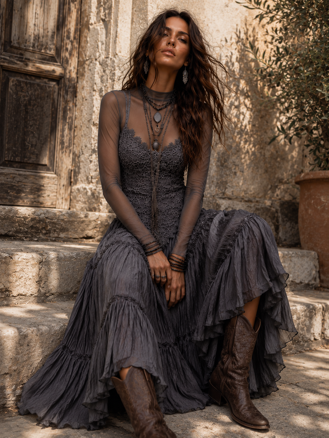 Dark Grey Maxi Dress with Lace Bodice and Layered Design