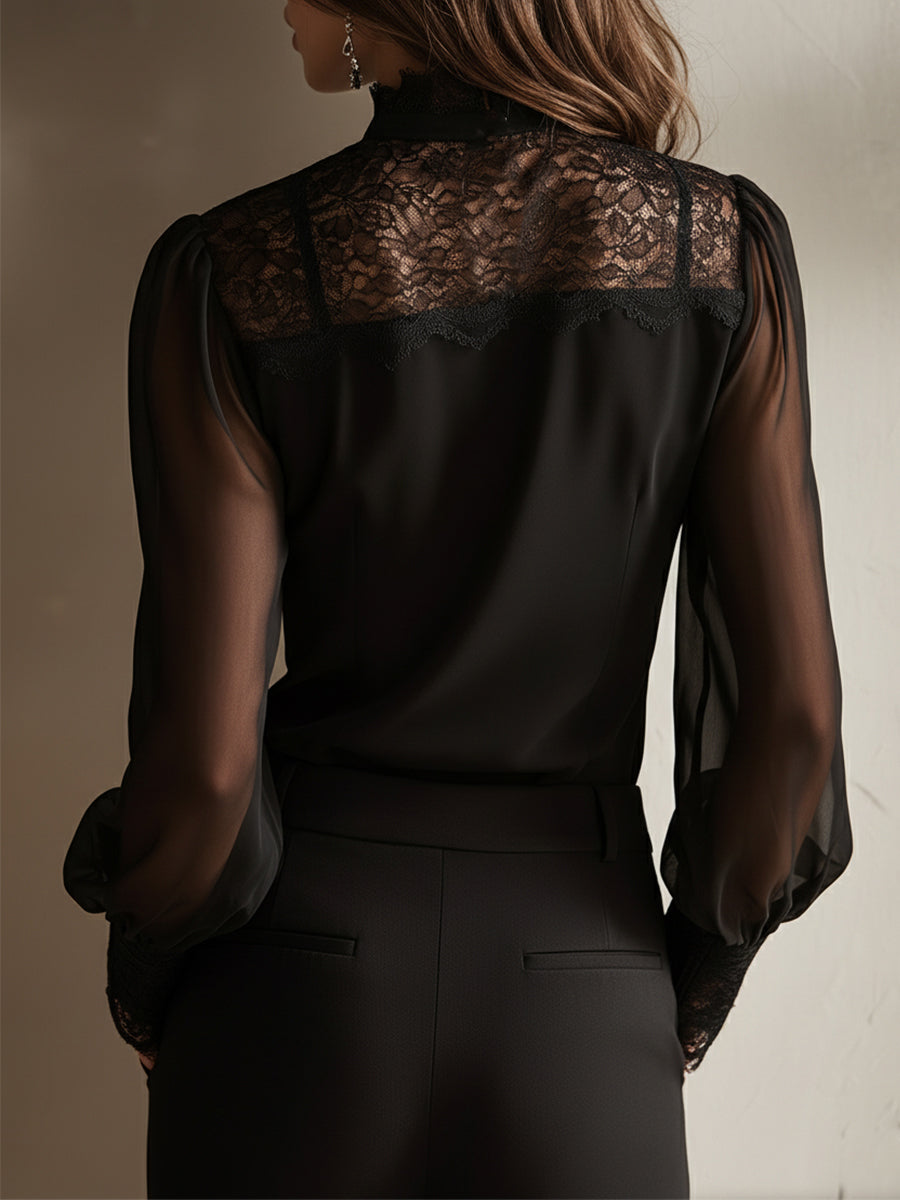 Vintage-Inspired Lace Top with Stand-Up Collar