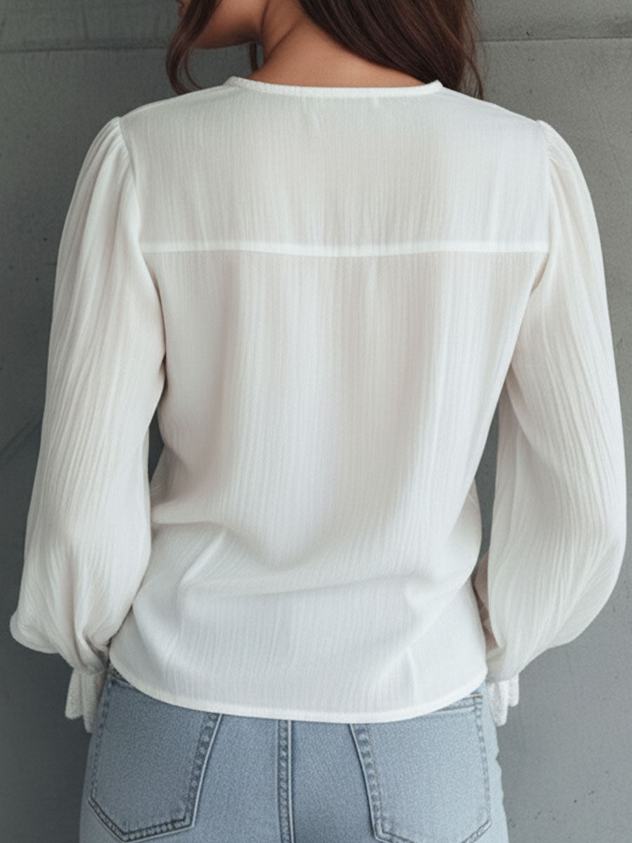 Vintage-Inspired Victorian Blouse with V-Neck and Lace Accents
