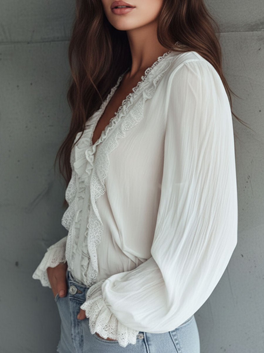 Vintage-Inspired Victorian Blouse with V-Neck and Lace Accents