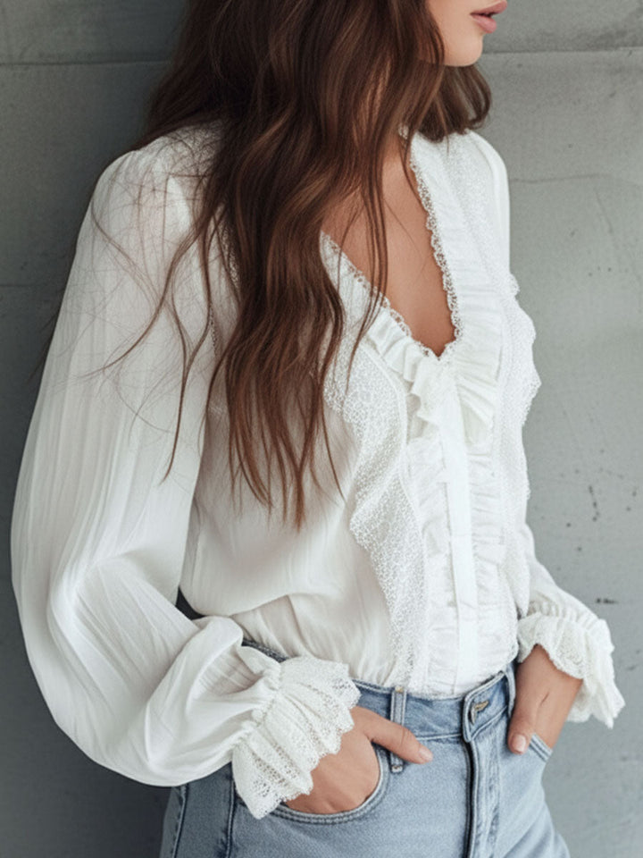 Vintage-Inspired Victorian Blouse with V-Neck and Lace Accents