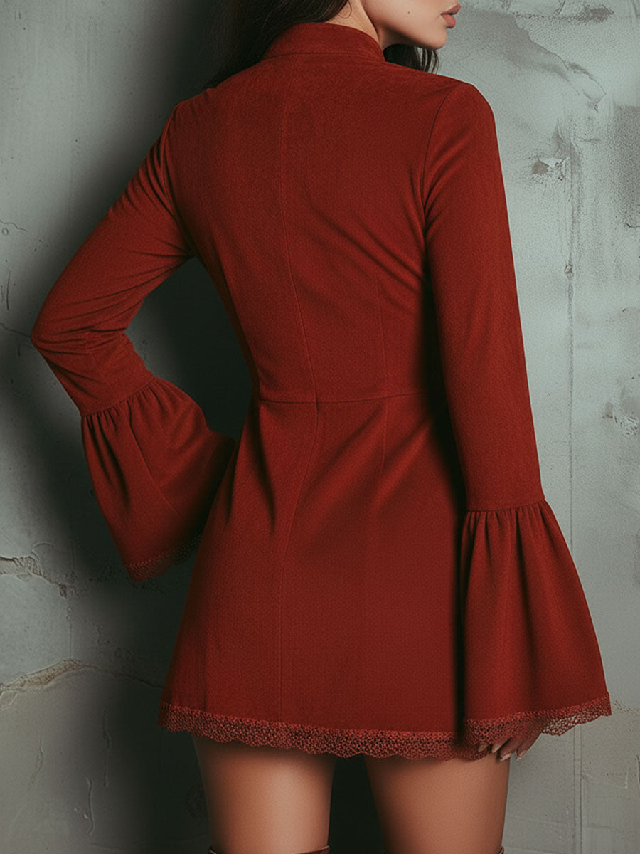 Rust-Colored Retro Mini Dress with Embroidery and Bell Sleeves