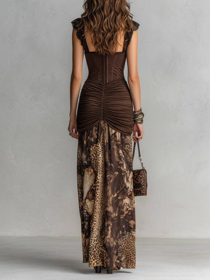 Retro Leopard Corset Maxi Dress with Pleated Design