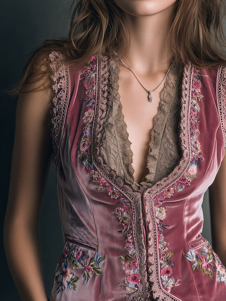 Vintage Dusty Rose Velvet Vest with Lace Trim and Embroidery