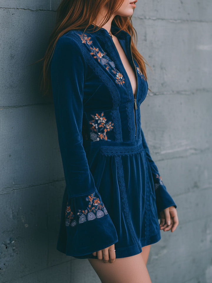 Blue Velvet Bohemian Mini Dress with Zipper and Lace Details