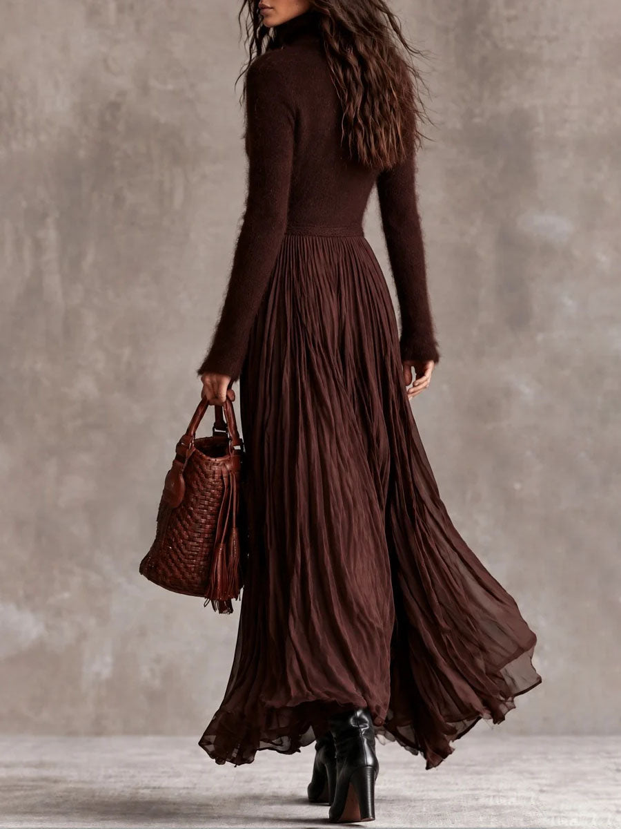 Chocolate Bohemian Knit Maxi Dress with Pleated Satin Skirt