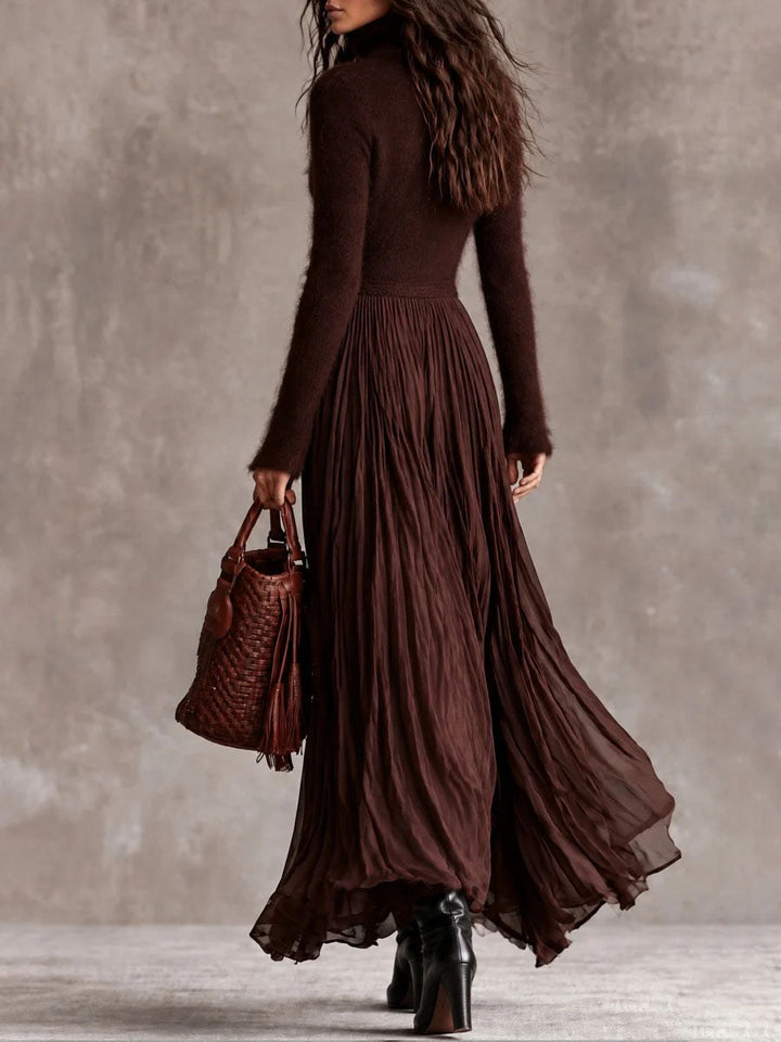 Chocolate Bohemian Knit Maxi Dress with Pleated Satin Skirt
