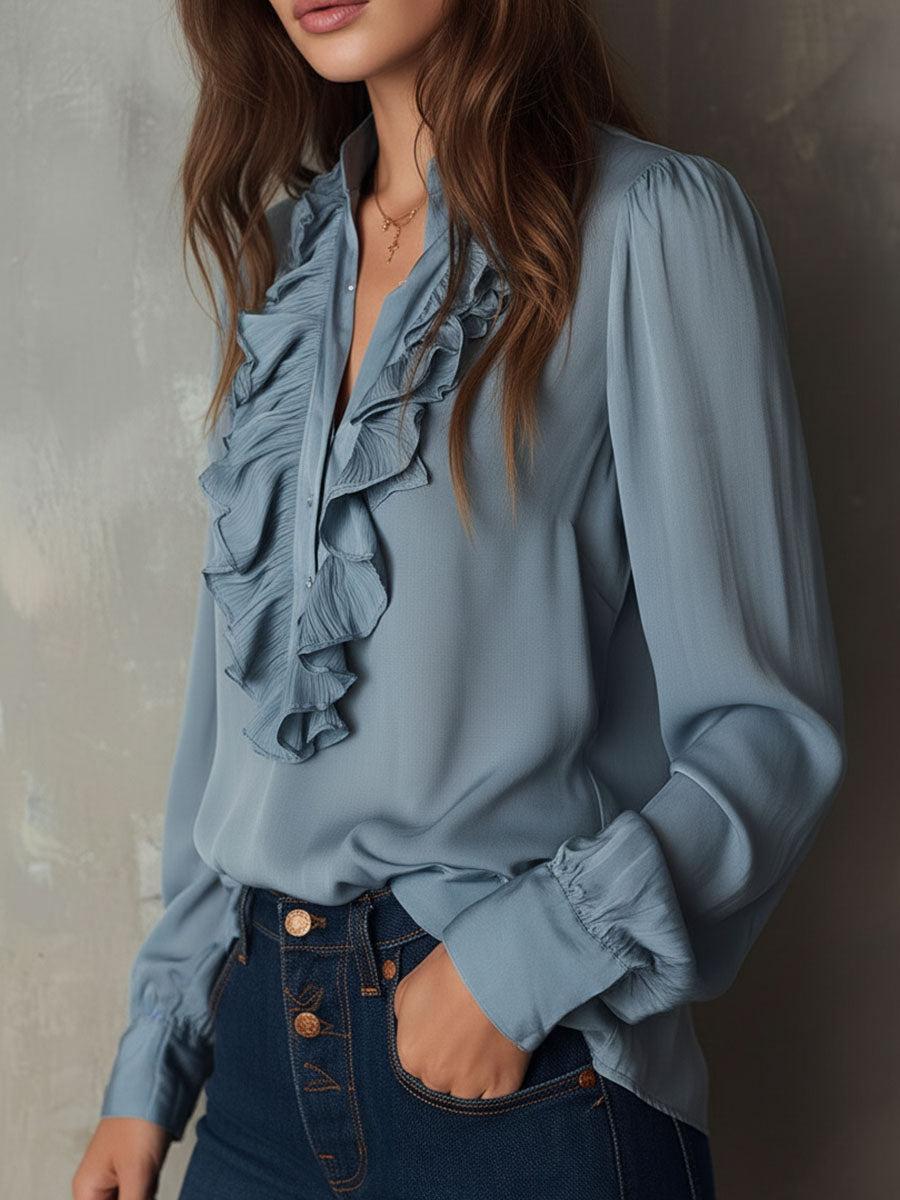 Dark Blue Striped Satin Blouse with Button Details